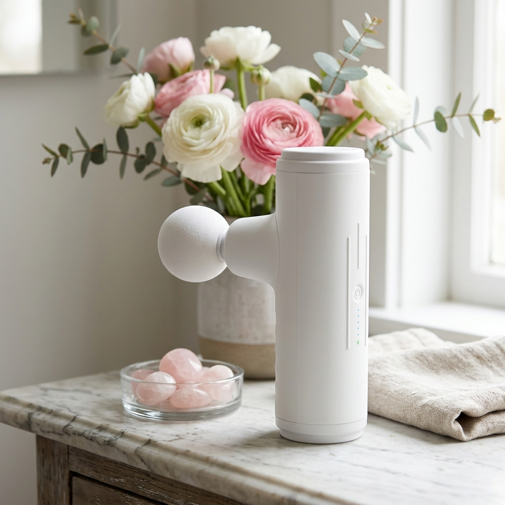 Dultwich Therapy massage gun on a marble table with pink ranunculus and rose quartz