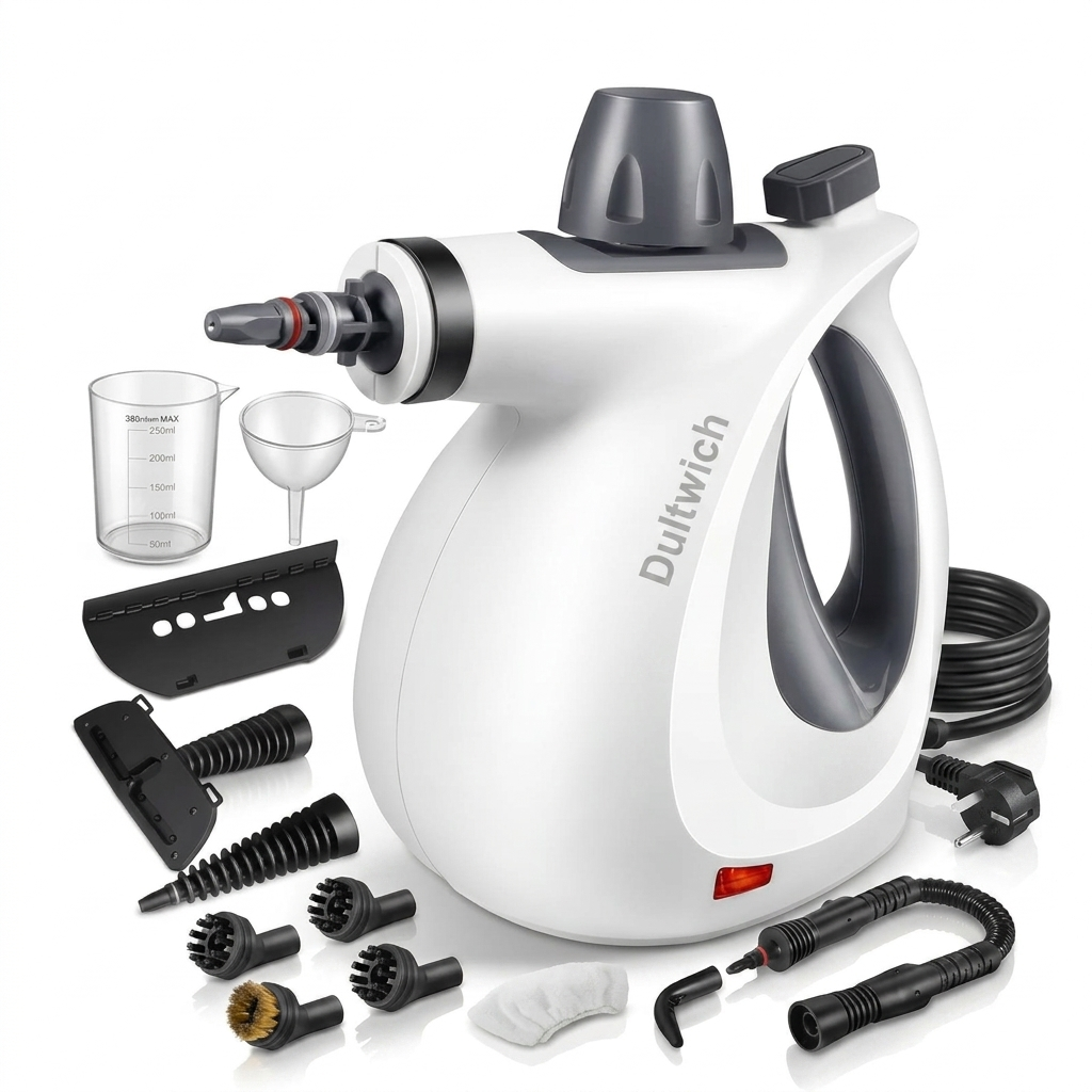 Dultwich steamer shown with all included tools and attachments